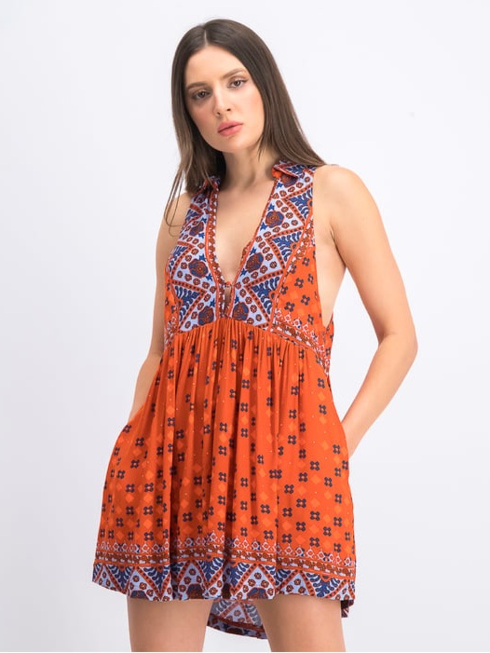 Free People Women Charlotte Printed Collared Mini Dress, Rust Combo Size M
